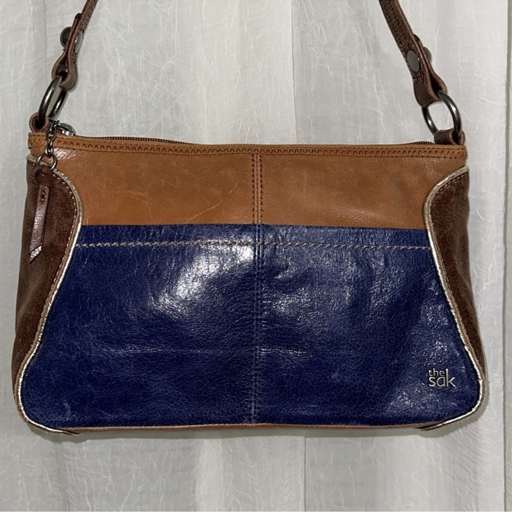 The Sak Blue Brown Gold Trim Genuine Leather Hobo Purse - Picture 3 of 16